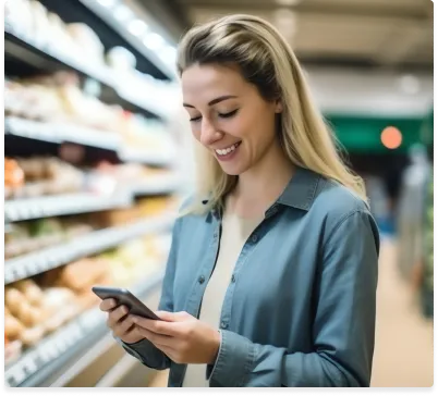 Mulher olhando o celular com sorriso no rosto em um mercado.